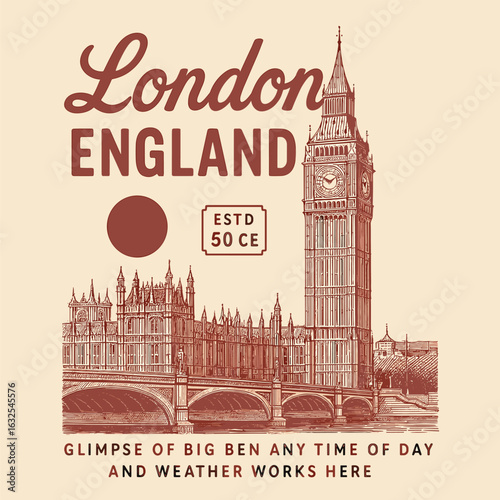 London England vintage travel illustration with big ben landmark and historic sketch design