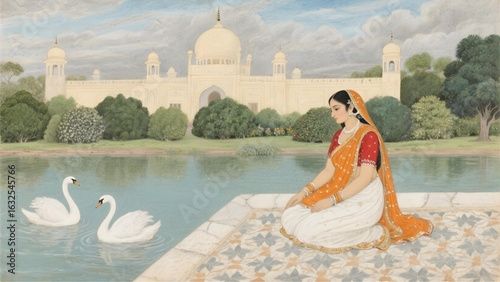 Traditional Mughal Queen Sitting by Lake with Palace, Mountain, and Botanical Garden – Vector Illustration Pattern for Wallpaper