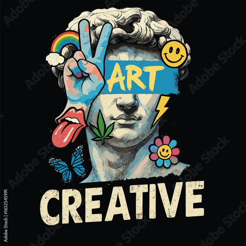 Creative art collage with statue, peace sign, graffiti symbols and pop retro vibe