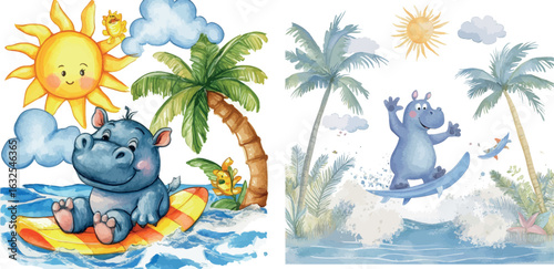 In a watercolor illustration, a cute hippo is shown surfing at the sea on a summer holiday
