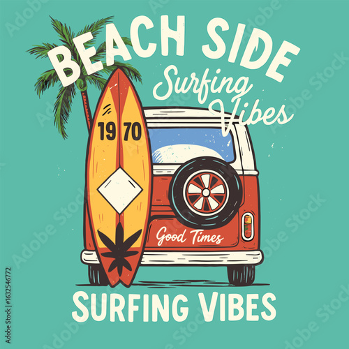 Beach side surfing vibes van and surfboard retro