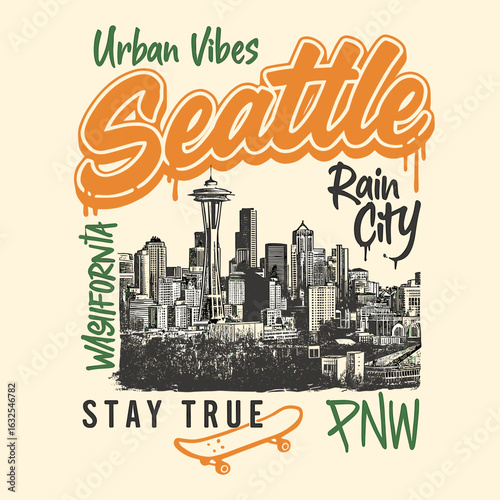 Seattle rain city urban skyline sketch typography