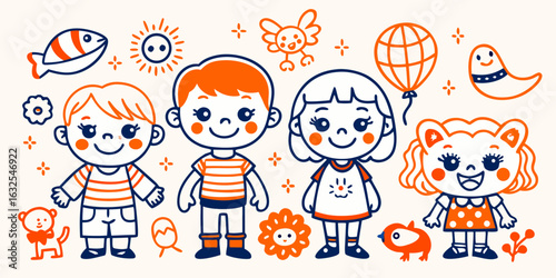 Cute kids children drawing vector illustration happy cartoon fun design playful art graphic characters cheerful vector illustration