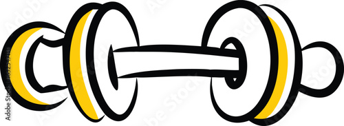 A cartoon dumbbell with yellow stripes is isolated on a white background