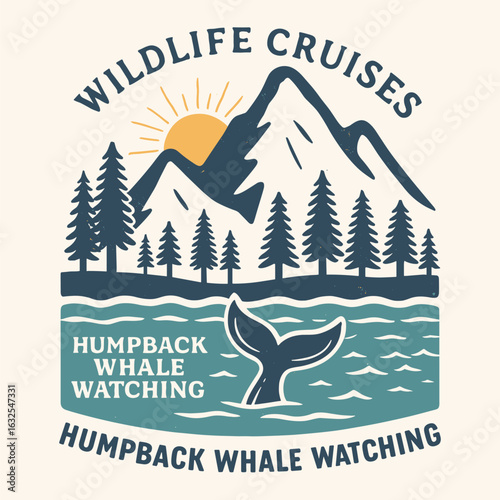 Vintage mountain and whale watching cruise illustration with forest and sunrise design