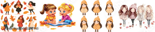 This watercolor illustration set presents a cute little girl adorned in autumn clothes and a cozy shawl