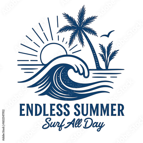 Endless summer surf scene with wave and palm tree in clean blue beach vector style