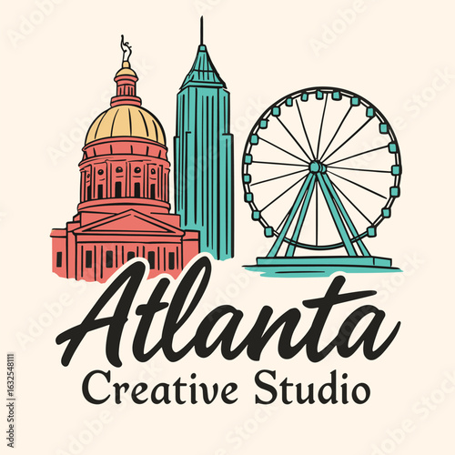Atlanta skyline with ferris wheel and creative studio text in colorful retro city style