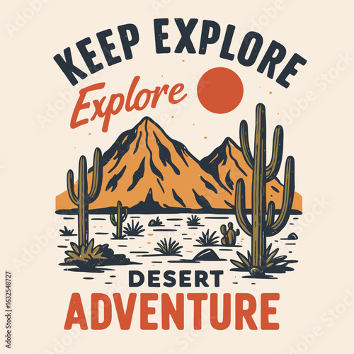Desert adventure scene with rocky mountains, cactus and explore typography
