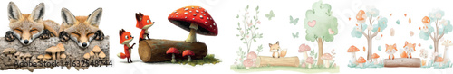 In a watercolor illustration, a cute baby fox is depicted hiding behind a logwood with autumn leaves and a mushroom