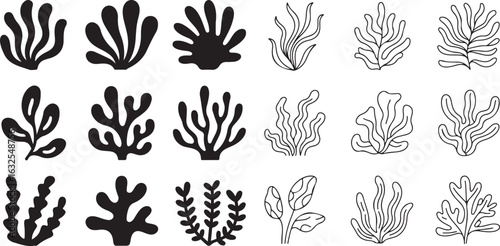 Collection of sea flora icon set with silhouette and line art coral and seaweed designs