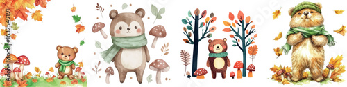 A watercolor illustration features a cute bear standing in a garden surrounded by vibrant flowers and colorful autumn leaves