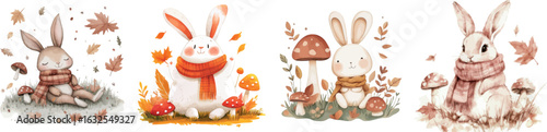 In a garden with flowers and autumn leaves, a cute rabbit is the subject of a charming watercolor illustration