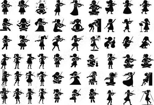 Girl Playing Violin Silhouette Icon Set – Musical Art Design Violinist Girl Silhouette Icon Set – Creative Music Illustration