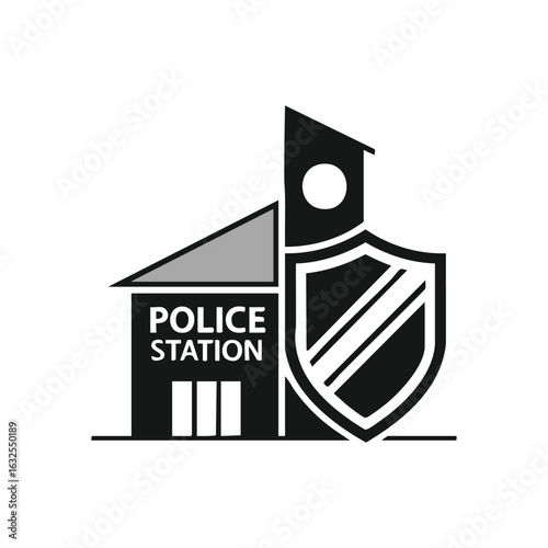(Law Enforcement Station Emblem. Minimalist design of a public safety building alongside a protective crest. It symbolizes community security, societal order, and civic authority.)