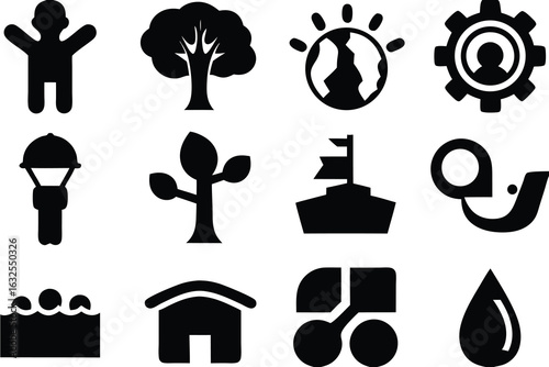 Diverse black and white icons representing nature technology and people set of silhouettes