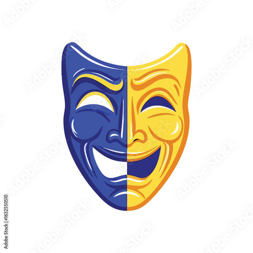 (Comedy Tragedy Theater Mask. Vibrant theatrical emblem depicting contrasting emotions of mirth and despair. Represents the full spectrum of human feeling and performing arts.)
