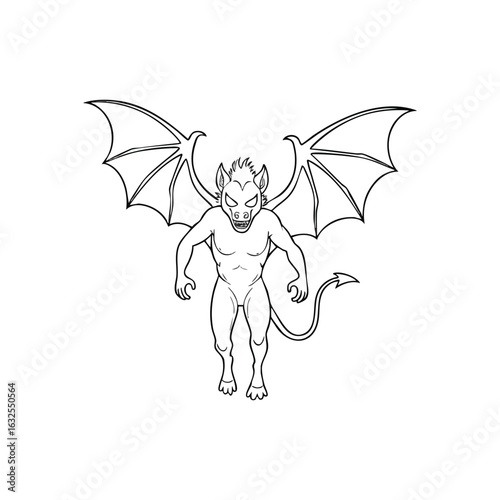 (Mysterious Winged Demon Creature. An enigmatic flying beast with sharp teeth and glowing eyes stands powerfully. This striking monochrome artwork embodies a sense of formidable guardianship or.)