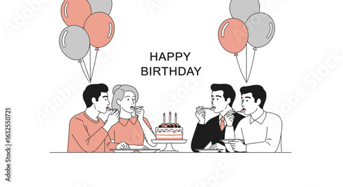 Birthday Celebration With Friends Enjoying Cake And Balloons