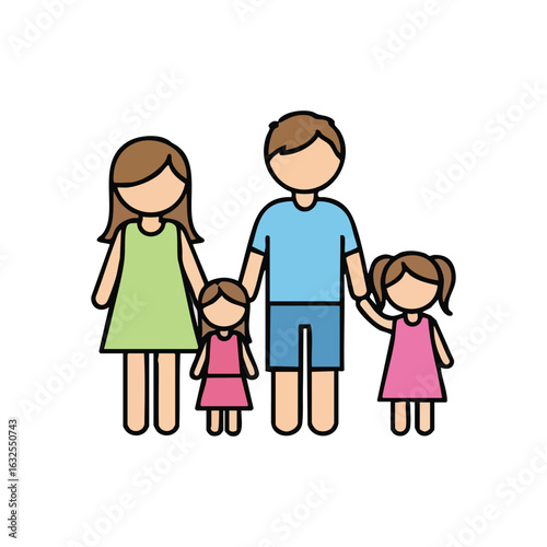 (Happy Family Icon. This vector illustration portrays a complete household with parents and their two little girls. It conveys affection, warmth, and strong bonds.)