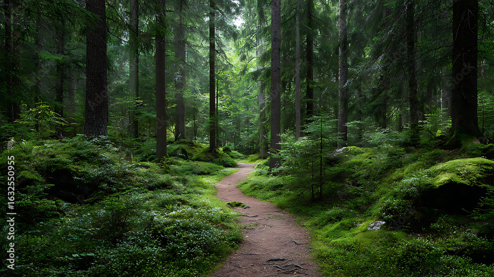 Fototapeta premium A tranquil forest trail winds through a lush and vibrant woodland setting