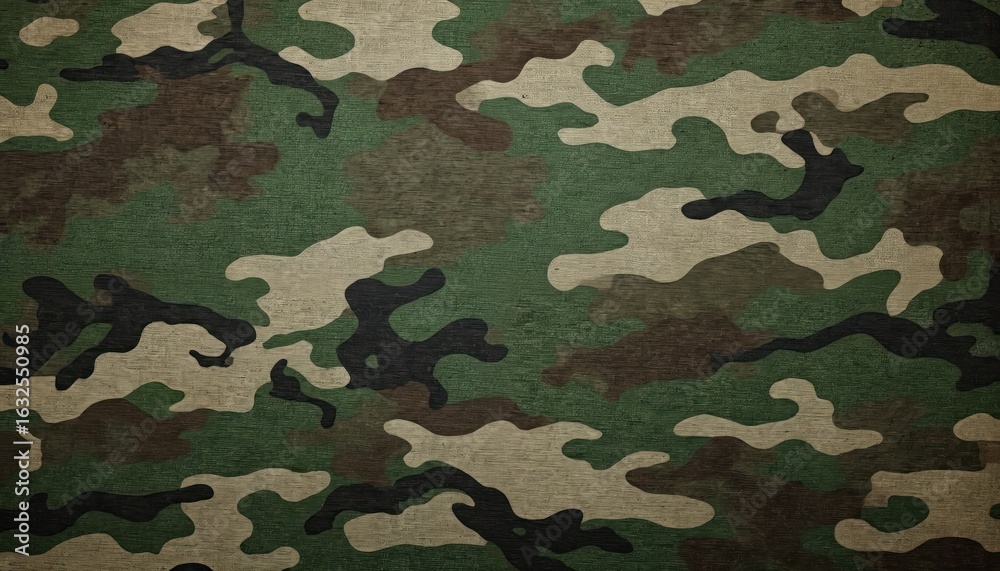 Fototapeta premium Gray fabric surface texture, rough and weathered appearance. Seamless camo pattern for military uniform, brown, green colors. Close-up view of fabric grain, minimalist design.