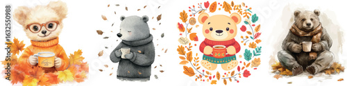 In a watercolor illustration, autumn leaves surround a cute bear as it drinks a cup of hot tea in a garden