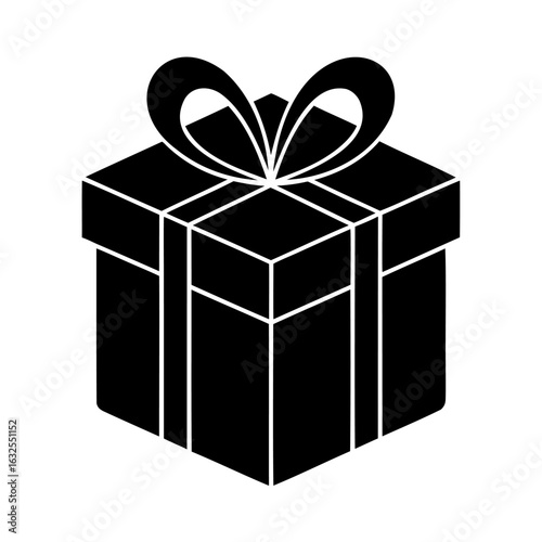 A black and white isometric icon of a closed gift box tied with a bow