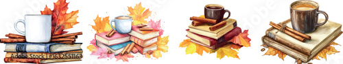 Autumn leaves, drinks, and books showcasing watercolor illustrations are highlighted