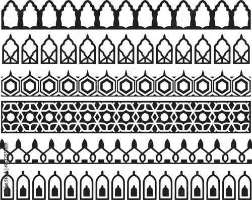 Islamic border pattern set with geometric and arabesque elements in black and white