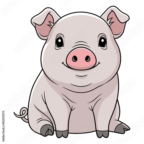 Cute cartoon pig sitting with smiling face and big eyes illustration