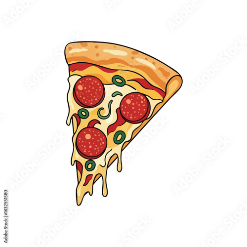 (Classic Pepperoni Pizza Slice. A vibrant cartoon image of a single savory pizza wedge, adorned with spicy salami and green olives. Its gooey dairy topping evokes hunger and comfort.)
