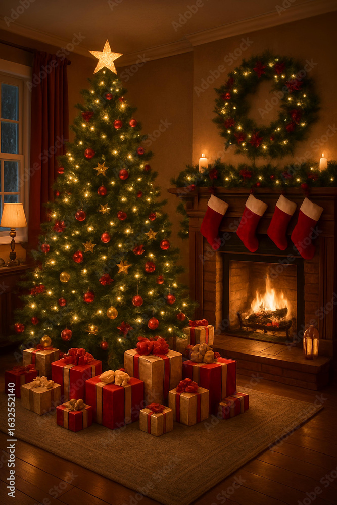 Fototapeta premium Cozy Christmas Living Room with Decorated Tree, Fireplace, and Wrapped Gifts