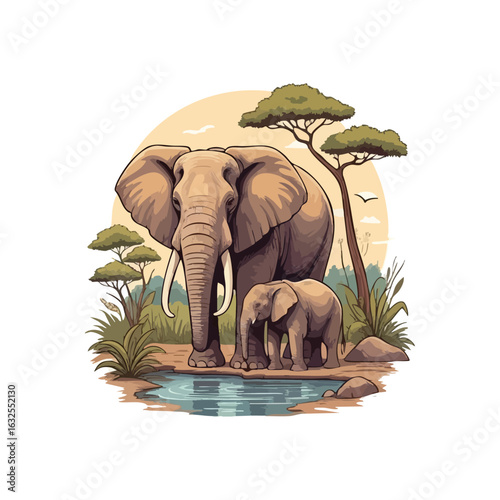 (Elephants at African Waterhole Scene. A large adult and young pachyderm enjoy a tranquil oasis. This image evokes themes of maternal care, natural harmony, and wild heritage.)