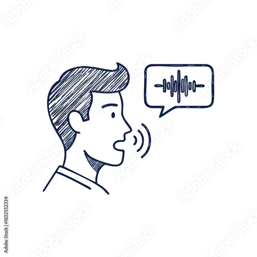 (Voice Communication Doodle Icon. Hand drawn visual of an individual articulating, emitting sonic waves with a verbal waveform bubble. Symbolizes audio input and digital interactions.)
