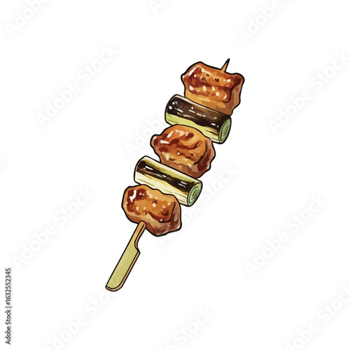 (Japanese Yakitori Negima Illustration. Vibrant watercolor artwork showcases a classic grilled fowl and leek skewer. This savory Asian dish symbolizes culinary delight and traditional comfort.)