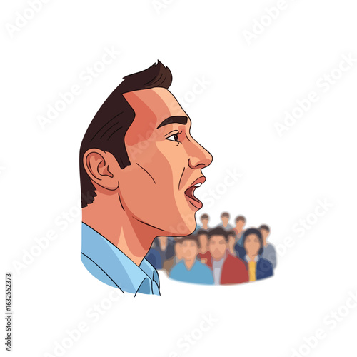 (Orator Delivering Engaging Speech. An eloquent person talks to a large group. It embodies effective discourse, guidance, and forging a connection with a responsive audience.)