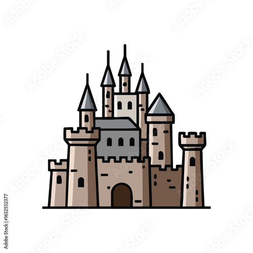 (Enchanted Castle Illustration. Charming fairytale fortress icon, featuring ancient stone towers and an arched entrance. Represents historical architecture, imagination, and security.)