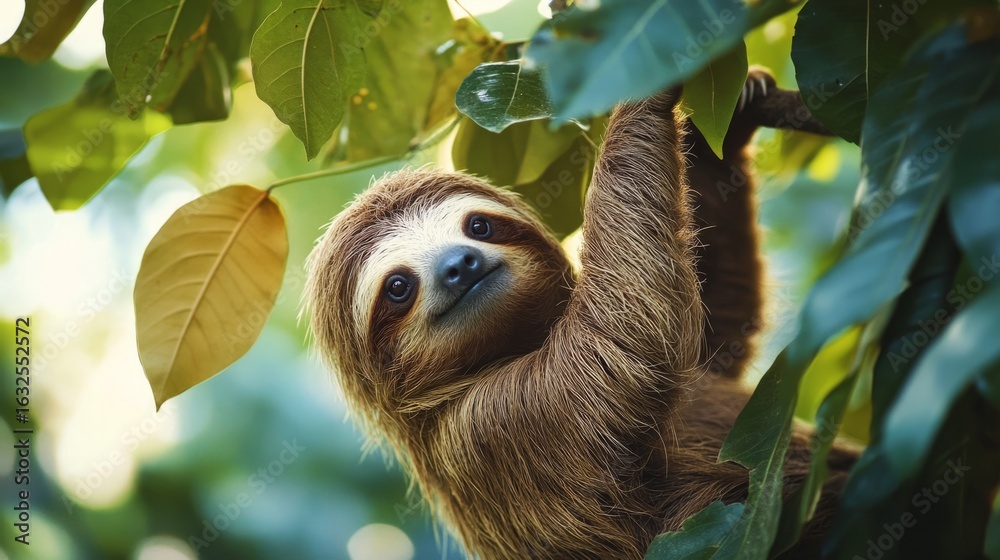 Fototapeta premium Sloth hanging peacefully, with leaves around its neck. generative ai