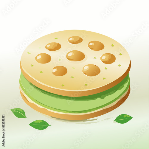Matcha Green Tea Sandwich Cookie with Yellow Filling and Green Leaves