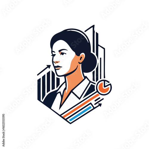 (Female Leader Driving Business Success. Depicts a determined professional, symbolizing corporate progress, insightful data analysis, and upward financial achievement.)