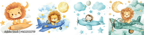 Watercolor illustration depicting a lion aboard a plane set against clouds and stars