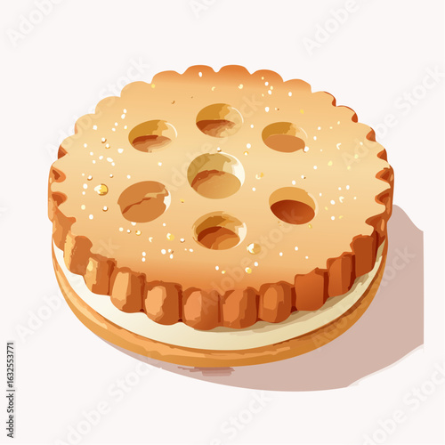 Round Golden Cookie with Cream Filling on White Background