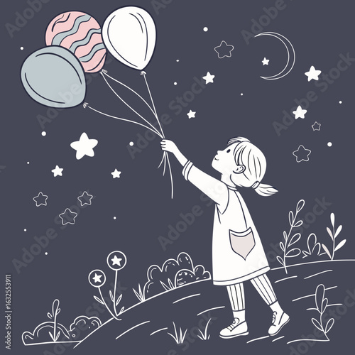 Girl and Balloons: A young girl gazes towards the night sky, a whimsical illustration of dreams and aspirations taking flight with balloons.