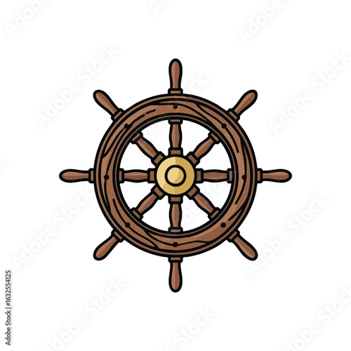 (Nautical Ship Wheel Illustration. This classic wooden vessel helm with a golden hub embodies leadership, journey, and directing one's course. Perfect for maritime adventures.)
