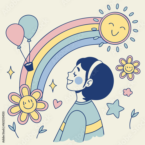 Girl's Daydream: A whimsical illustration of a girl gazing upwards, surrounded by a colorful rainbow, smiling sun, and floating balloons, evoking feelings of happiness and imagination.