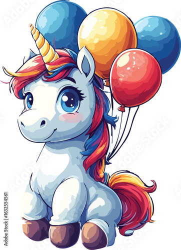 A fun and funny cartoon circus clown with colorful balloons celebrates a happy birthday party