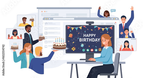 Online Birthday Celebration During Remote Teleconference On Computer