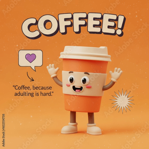 Vector Illustration 3D Cartoon Coffee Cup Character