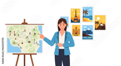 Female Guide Presenting City Tour Map And Travel Destination Options
